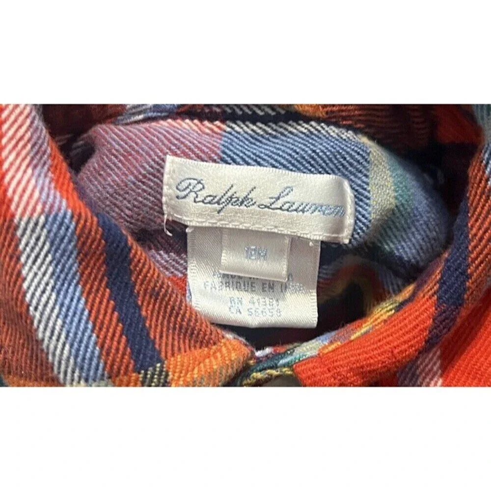 Ralph Lauren Baby 12M Red Plaid Flannel Logo Coverall Romper Lined Cozy Warm